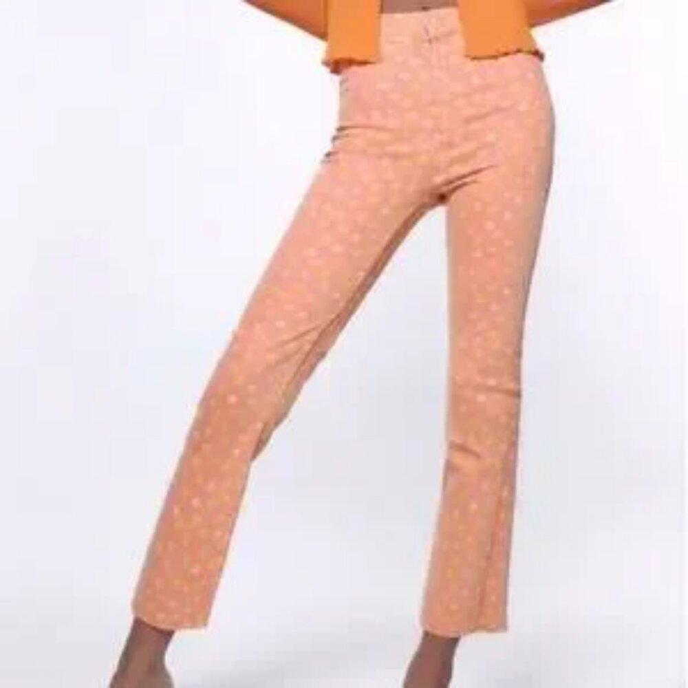 ZARA High Waist Stretch Flared Leg Flower Print BOHO Jeans Pink Yellow Sz 0 NWT